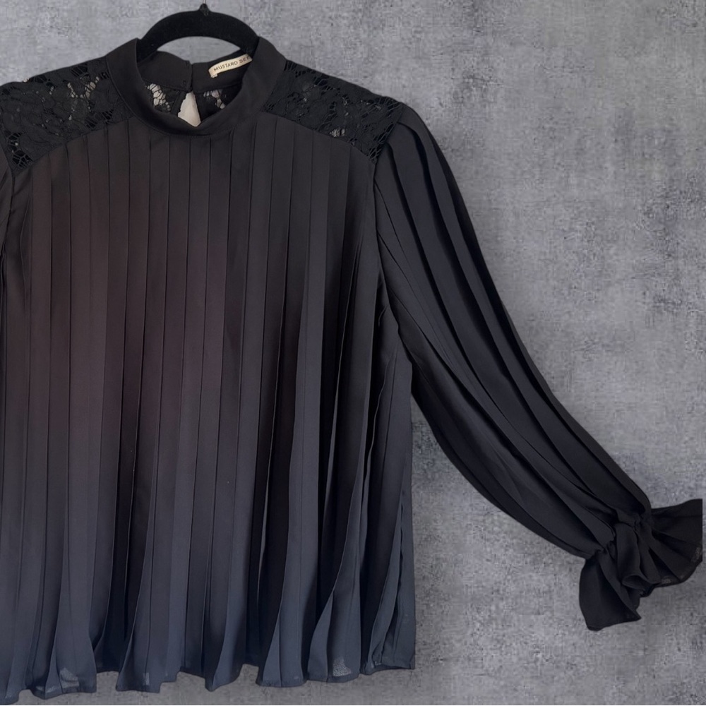 Black Pleated Chiffon Blouse | Lace Detail Mock Neck | Medium Romantic Flowy Top - Picture 12 of 13